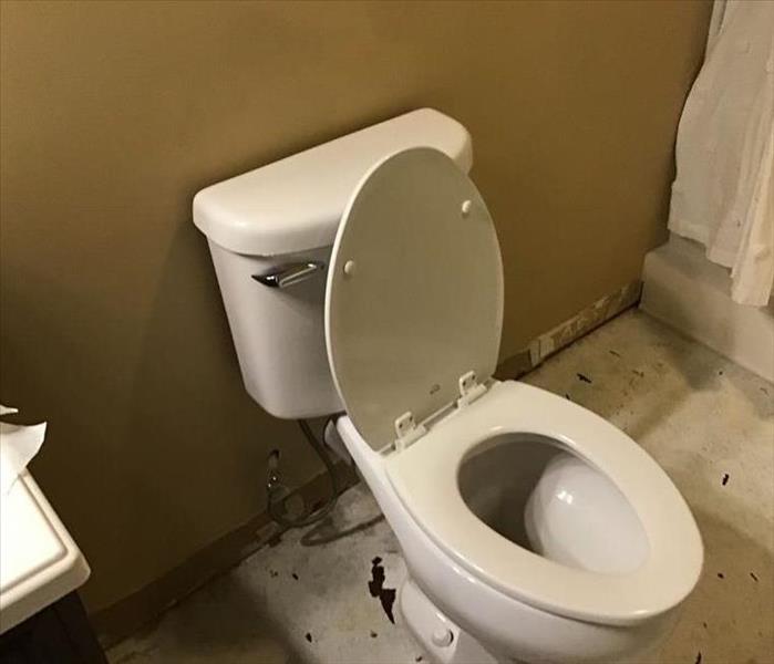 A clean toilet with no more water, and holes drilled into the baseboards behind the toilet